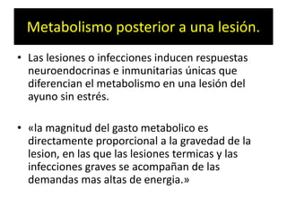 Metabolismo posterior a una lesión.
• Las lesiones o infecciones inducen respuestas
neuroendocrinas e inmunitarias únicas que
diferencian el metabolismo en una lesión del
ayuno sin estrés.
• «la magnitud del gasto metabolico es
directamente proporcional a la gravedad de la
lesion, en las que las lesiones termicas y las
infecciones graves se acompañan de las
demandas mas altas de energia.»
 