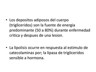 • Los depositos adiposos del cuerpo
(trigliceridos) son la fuente de energia
predominante (50 a 80%) durante enfermedad
critica y despues de una lesion.
• La lipolisis ocurre en respuesta al estimulo de
catecolaminas por; la lipasa de trigliceridos
sensible a hormona.
 