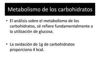 Metabolismo de los carbohidratos
• El análisis sobre el metabolismo de los
carbohidratos, sé refiere fundamentalmente a
la utilización de glucosa.
• La oxidación de 1g de carbohidratos
proporciona 4 kcal.
 
