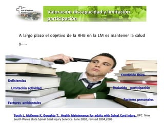 Valoración discapacidad y limitación
                          participación


       A largo plazo el objetivo de la RHB en la LM es mantener la salud
       y.....




                                                                             Condición física
Deficiencias

  Limitación actividad                                                  Reducida participación


                                                                               Factores personales
Factores ambientales


   Tooth L, McKenna K, Geraghty T. Health Maintenance for adults with Spinal Cord Injury. GPC. New
   South Wales State Spinal Cord Injury Servcice. June 2002, revised 2004,2008
 