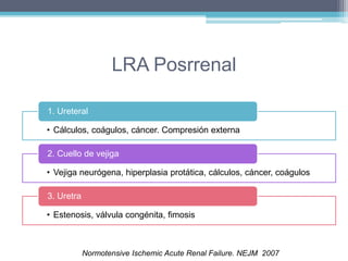 LRA Posrrenal 
1. Ureteral 
• Cálculos, coágulos, cáncer. Compresión externa 
2. Cuello de vejiga 
• Vejiga neurógena, hiperplasia protática, cálculos, cáncer, coágulos 
• Estenosis, válvula congénita, fimosis 
Normotensive Ischemic Acute Renal Failure. NEJM 2007 
3. Uretra 
 