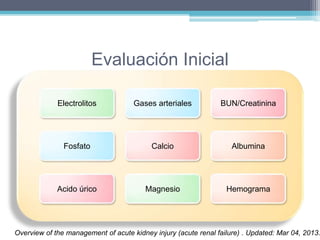 Evaluación Inicial 
CAUSAS 
Electrolitos Gases arteriales BUN/Creatinina 
Fosfato Calcio Albumina 
COMPLICACIONES 
HIPOTENSION 
DEPLECION DE 
VOLUMEN 
OBSTRUCCION 
HIPERKALEMIA 
SOBRECARGA DE VOLUMEN 
ACIDOSIS METABOLICA 
HIPOCALCEMIA 
HIPERFOSFATEMIA 
HIPERURICEMIA 
HIPERMAGNESEMIA 
Acido úrico Magnesio Hemograma 
Overview of the management of acute kidney injury (acute renal failure) . Updated: Mar 04, 2013. 
 