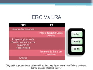 ERC Vs LRA 
ERC LRA 
Inicio de los sintomas 
Poco o Ninguno Gasto 
Urinario 
Imagenologicamente 
riñones pequeños y con 
Diagnostic approach to the patient with acute kidney injury (acute renal failure) or chronic 
kidney disease. Updated: Aug 14 
aumento de 
ecogenicidad 
Incremento diario de 
creatinina 
Anemia 
NGAL 
KIM-1 
IL 18 
 