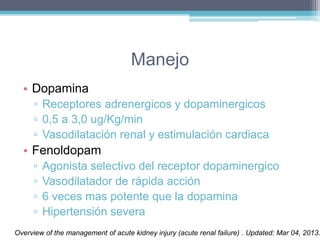 Manejo 
• Dopamina 
▫ Receptores adrenergicos y dopaminergicos 
▫ 0,5 a 3,0 ug/Kg/min 
▫ Vasodilatación renal y estimulación cardiaca 
• Fenoldopam 
▫ Agonista selectivo del receptor dopaminergico 
▫ Vasodilatador de rápida acción 
▫ 6 veces mas potente que la dopamina 
▫ Hipertensión severa 
Overview of the management of acute kidney injury (acute renal failure) . Updated: Mar 04, 2013. 
 