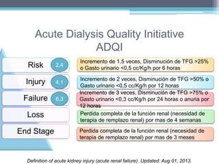 Acute Dialysis Quality Initiative 
ADQI 
Risk 
Injury 
Failure 
Loss 
End Stage 
Incremento de 1.5 veces, Disminución de TFG >25% 
o Gasto urinario <0,5 cc/Kg/h por 6 horas 
Incremento de 2 veces, Disminución de TFG >50% o 
Gasto urinario <0,5 cc/Kg/h por 12 horas 
Incremento de 3 veces, Disminución de TFG >75% o 
Gasto urinario <0,3 cc/Kg/h por 24 horas o anuria por 
12 horas 
Perdida completa de la función renal (necesidad de 
terapia de remplazo renal) por mas de 4 semanas 
Perdida completa de la función renal (necesidad de 
terapia de remplazo renal) por mas de 3 meses 
2,4 
4,1 
6,3 
Definition of acute kidney injury (acute renal failure). Updated: Aug 01, 2013. 
 