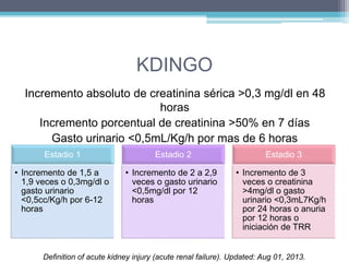 KDINGO 
Incremento absoluto de creatinina sérica >0,3 mg/dl en 48 
horas 
Incremento porcentual de creatinina >50% en 7 días 
Gasto urinario <0,5mL/Kg/h por mas de 6 horas 
Estadio 1 
• Incremento de 1,5 a 
1,9 veces o 0,3mg/dl o 
gasto urinario 
<0,5cc/Kg/h por 6-12 
horas 
Estadio 2 
• Incremento de 2 a 2,9 
veces o gasto urinario 
<0,5mg/dl por 12 
horas 
Estadio 3 
• Incremento de 3 
veces o creatinina 
>4mg/dl o gasto 
urinario <0,3mL7Kg/h 
por 24 horas o anuria 
por 12 horas o 
iniciación de TRR 
Definition of acute kidney injury (acute renal failure). Updated: Aug 01, 2013. 
 