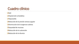 Cuadro clínico
Sed
Hipotensión ortostática
Taquicardia
Reducción de la presión venosa yugular
Disminución de la turgencia cutánea
Sequedad de mucosas
Reducción de la sudoración
Reducción de la diuresis
 