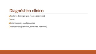 Diagnóstico clínico
Factores de riesgo (pre, renal o post renal)
Edad
Enfermedades condicionantes
Nefrotoxicos (fármacos, contraste, hemolisis)
 