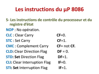 Les instructions du µP 8086
5- Les instructions de contrôle du processeur et du
registre d’état
NOP : No opération.
CLC : Clear Carry CF=0.
STC : Set Carry CF=1.
CMC : Complement Carry CF= not CF.
CLD: Clear Direction Flag DF = 0.
STD: Set Direction Flag DF=1.
CLI: Clear Interruption Flag IF=0.
STI: Set Interruption Flag IF=1.
 