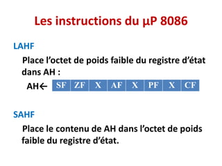 Les instructions du µP 8086
LAHF
Place l’octet de poids faible du registre d’état
dans AH :
AH←
SAHF
Place le contenu de AH dans l’octet de poids
faible du registre d’état.
SF ZF X AF X PF X CF
 