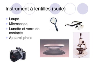 Instrument à lentilles (suite) Loupe Microscope Lunette et verre de contacte Appareil photo 