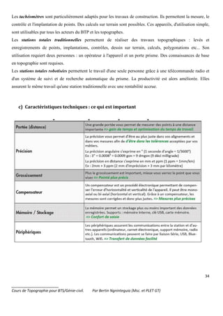 34
_______________________
Cours de Topographie pour BTS/Génie-civil. Par Bertin Ngninteguia (Msc. et PLET GT)
Les tachéomètres sont particulièrement adaptés pour les travaux de construction. Ils permettent la mesure, le
contrôle et l'implantation de points. Des calculs sur terrain sont possibles. Ces appareils, d'utilisation simple,
sont utilisables par tous les acteurs du BTP et les topographes.
Les stations totales traditionnelles permettent de réaliser des travaux topographiques : levés et
enregistrements de points, implantations, contrôles, dessin sur terrain, calculs, polygonations etc... Son
utilisation requiert deux personnes : un opérateur à l'appareil et un porte prisme. Des connaissances de base
en topographie sont requises.
Les stations totales robotisées permettent le travail d'une seule personne grâce à une télécommande radio et
d'un système de suivi et de recherche automatique du prisme. La productivité est alors améliorée. Elles
assurent le même travail qu'une station traditionnelle avec une rentabilité accrue.
c) Caractéristiques techniques : ce qui est important
 