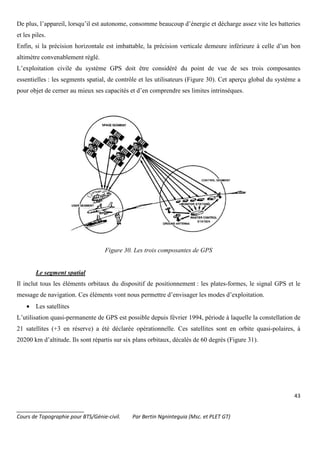 43
_______________________
Cours de Topographie pour BTS/Génie-civil. Par Bertin Ngninteguia (Msc. et PLET GT)
De plus, l’appareil, lorsqu’il est autonome, consomme beaucoup d’énergie et décharge assez vite les batteries
et les piles.
Enfin, si la précision horizontale est imbattable, la précision verticale demeure inférieure à celle d’un bon
altimètre convenablement réglé.
L’exploitation civile du système GPS doit être considéré du point de vue de ses trois composantes
essentielles : les segments spatial, de contrôle et les utilisateurs (Figure 30). Cet aperçu global du système a
pour objet de cerner au mieux ses capacités et d’en comprendre ses limites intrinsèques.
Figure 30. Les trois composantes de GPS
Le segment spatial
Il inclut tous les éléments orbitaux du dispositif de positionnement : les plates-formes, le signal GPS et le
message de navigation. Ces éléments vont nous permettre d’envisager les modes d’exploitation.
• Les satellites
L’utilisation quasi-permanente de GPS est possible depuis février 1994, période à laquelle la constellation de
21 satellites (+3 en réserve) a été déclarée opérationnelle. Ces satellites sont en orbite quasi-polaires, à
20200 km d’altitude. Ils sont répartis sur six plans orbitaux, décalés de 60 degrés (Figure 31).
 