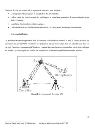 45
_______________________
Cours de Topographie pour BTS/Génie-civil. Par Bertin Ngninteguia (Msc. et PLET GT)
Constitué de cinq stations au sol, le segment de contrôle a pour mission :
• L’enregistrement des signaux et la prédiction des éphémérides.
• L’observation du comportement des oscillateurs, le calcul des paramètres de synchronisation et de
dérive d’horloge.
• La collecte d’informations météorologiques.
• L’envoi aux satellites d’informations nécessaires à la composition du message de navigation.
Le segment utilisateur
Ce troisième et dernier segment est bien évidemment celui qui nous intéresse le plus. A l’heure actuelle, les
utilisateurs du système GPS constituent une population très diversifiée, tant dans ses objectifs que dans ses
moyens. Nous nous intéresserons d’abord aux types de récepteur (assez représentatif du public concerné et de
ses besoins), pour nous pencher ensuite sur les méthodes de mesure de position absolues ou relatives.
Figure 32: Les trois segments du système GPS
 