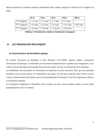 5
_______________________
Cours de Topographie pour BTS/Génie-civil. Par Bertin Ngninteguia (Msc. et PLET GT)
dessous présente les tolérances admises généralement dans chaque catégorie en fonction de la longueur du
ruban.
10 m 20 m 30 m 50 m 100 m
1ère
Catégorie ± 1.1 mm ± 2.1 mm ± 3.1 mm ± 5.1 mm
2ème
Catégorie ± 2.3 mm ± 4.3 mm ± 6.3 mm ± 10.3 mm ± 20.3 mm
3ème
Catégorie ± 4.6 mm ± 8.6 mm ± 12.6 mm ± 20.6 mm
Tableau 1: Précision des rubans en fonction de la longueur
II. LES THEODOLITES MECANIQUES
a) Nomenclature du théodolite optique
On attribue l'invention du théodolite à Jesse Ramsden (1735-1800), opticien anglais, constructeur
d'instruments de physique. Le théodolite est l'instrument fondamental de la géodésie par triangulation, c'est-
à-dire la mesure des angles d'un triangle formé par trois points, tels que les sommets de trois montagnes.
Les théodolites sont assurément les instruments de topométrie les plus universels. Bien que leur principale
utilisation soit la mesure précise ou l’implantation des angles, ils sont aussi employés dans d’autres travaux
comme la détermination des distances par la mire parallactique horizontale, le tracé des alignements droits et
le nivellement ordinaire.
Les principaux composants du théodolite sont la lunette, les deux cercles gradués montés sur deux plans
perpendiculaires et les vis calantes.
 