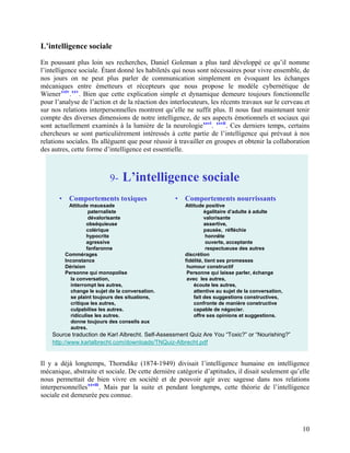 L’intelligence sociale
En poussant plus loin ses recherches, Daniel Goleman a plus tard développé ce qu’il nomme
l’intelli...
