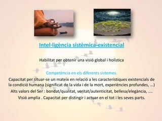  Intel·ligència sistèmica-existencial   Howard Gardner - EEUU 1943 - psicòleg i pedagog, professor de la universitat de Harvard, descobreix a la dècada dels 80 l'existència de les intel·ligències múltiples, desafiant des de les hores l'idea comunament acceptada de que la intel·ligència consisteix exclusivament en habilitats verbals o analítiques, el tipus d’intel·ligència mesurada habitualment en els centres docentsClic sobre la imatge per més informació sobre Howard Gardner