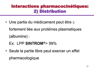 25
• Une partie du médicament peut être 
fortement liée aux protéines plasmatiques
(albumine) :
Ex: LPP SINTROM> 99%
• Seule la partie libre peut exercer un effet
pharmacologique
Interactions pharmacocinétiques:
2) Distribution
 