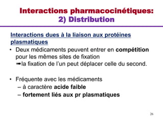 26
Interactions dues à la liaison aux protéines
plasmatiques
• Deux médicaments peuvent entrer en compétition
pour les mêmes sites de fixation
➠la fixation de l’un peut déplacer celle du second.
• Fréquente avec les médicaments
– à caractère acide faible
– fortement liés aux pr plasmatiques
Interactions pharmacocinétiques:
2) Distribution
 