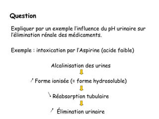 Question
Expliquer par un exemple l’influence du pH urinaire sur
l’élimination rénale des médicaments.
Exemple : intoxication par l’Aspirine (acide faible)
Alcalinisation des urines
Forme ionisée (= forme hydrosoluble)
Réabsorption tubulaire
Élimination urinaire
 