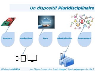Un dispositif Pluridisciplinaire
Capteurs Applications Data Industrialisation Communauté
Les	
  Objets	
  Connectés	
  –	
  Quels	
  Usages	
  ?	
  Quels	
  enjeux	
  pour	
  la	
  ville	
  ?	
  @Sebas'enBRISON	
  
 
