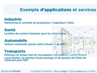 Exemple d’applications et services
Industrie
Monitoring et contrôle de production / logistique (Telit)
Santé
Lentilles de contact bionique pour les diabétiques
Automobile
Voiture connectée (porte-clefs) d’Audi et de BMW
Transports
Diffusion en temps réel de l’occupation des wagons ( SNCF/Snips)
Local Motion, la solution d’auto-partage et de gestion de flotte de
véhicules pour EDF
Les	
  Objets	
  Connectés	
  –	
  Quels	
  Usages	
  ?	
  Quels	
  enjeux	
  pour	
  la	
  ville	
  ?	
  @Sebas'enBRISON	
  
 