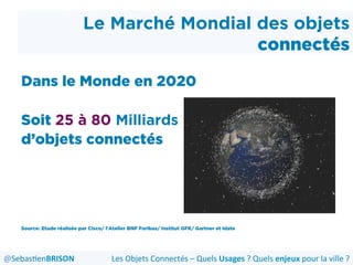 Le Marché Mondial des objets
connectés
Dans le Monde en 2020
Soit 25 à 80 Milliards
d’objets connectés
Source: Etude réalisée par Cisco/ l'Atelier BNP Paribas/ Institut GFK/ Gartner et Idate
Les	
  Objets	
  Connectés	
  –	
  Quels	
  Usages	
  ?	
  Quels	
  enjeux	
  pour	
  la	
  ville	
  ?	
  @Sebas'enBRISON	
  
 