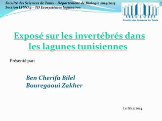 Exposé sur les invertébrés dans
les lagunes tunisiennes
Présenté par:
Ben Cherifa Bilel
Bouregaoui Zakher
Le 8/12/2014
Faculté des Sciences de Tunis – Département de Biologie 2014/2015
Section LFSNA3 – TD Ecosystèmes lagunaires
 