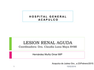 LESION RENAL AGUDA
Coordinadora: Dra. Claudia Luna Maya R4MI
H O S P I T A L G E N E R A L
A C A P U L C O
Hernández Muñiz Omar MIP
Acapulco de Juárez Gro., a 23/Febrero/2015
15/02/20161
 