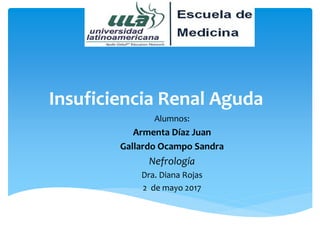 Insuficiencia Renal Aguda
Alumnos:
Armenta Díaz Juan
Gallardo Ocampo Sandra
Nefrología
Dra. Diana Rojas
2 de mayo 2017
 