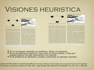 Visiones heuristica
Causes and Prevention of Laparoscopic Bile Duct Injuries Analysis of 252 Cases From a Human Factors and Cognitive
Psychology PerspectiveLawrence W. Way, MD,* Lygia Stewart, MD ANNALS OF SURGERY Vol. 237, No. 4, 460–469
■ Si no consigues entender un problema, dibuja un esquema.
■ Si no encuentras la solució n, haz como si ya la tuvieras y mira qué
puedes deducir de ella (razonando a la inversa).
■ Si el problema es abstracto, prueba a examinar un ejemplo concreto.
 