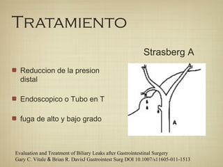 Tratamiento
Reduccion de la presion
distal
Endoscopico o Tubo en T
fuga de alto y bajo grado
Strasberg A
Evaluation and Treatment of Biliary Leaks after Gastrointestinal Surgery
Gary C. Vitale & Brian R. DavisJ Gastrointest Surg DOI 10.1007/s11605-011-1513
 