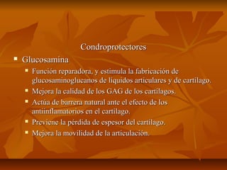 CCoonnddrroopprrootteeccttoorreess 
 GGlluuccoossaammiinnaa 
 FFuunncciióónn rreeppaarraaddoorraa,, yy eessttiimmuullaa llaa ffaabbrriiccaacciióónn ddee 
gglluuccoossaammiinnoogglluuccaannooss ddee llííqquuiiddooss aarrttiiccuullaarreess yy ddee ccaarrttííllaaggoo.. 
 MMeejjoorraa llaa ccaalliiddaadd ddee llooss GGAAGG ddee llooss ccaarrttííllaaggooss.. 
 AAccttúúaa ddee bbaarrrreerraa nnaattuurraall aannttee eell eeffeeccttoo ddee llooss 
aannttiiiinnffllaammaattoorriiooss eenn eell ccaarrttííllaaggoo.. 
 PPrreevviieennee llaa ppéérrddiiddaa ddee eessppeessoorr ddeell ccaarrttííllaaggoo.. 
 MMeejjoorraa llaa mmoovviilliiddaadd ddee llaa aarrttiiccuullaacciióónn.. 
 