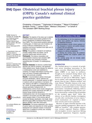 Obstetrical brachial plexus injury
(OBPI): Canada’s national clinical
practice guideline
Christopher J Coroneos,1,2
Sophoc...