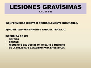 LESIONES GRAVÍSIMAS
ART. 91 C.P.
1)ENFERMEDAD CIERTA O PROBABLEMENTE INCURABLE.
2)INUTILIDAD PERMANENTE PARA EL TRABAJO.
3)PERDIDA DE UN
• SENTIDO
• ORGANO
• MIEMBRO O DEL USO DE UN ORGANO O MIEMBRO
• DE LA PALABRA O CAPACIDAD PARA ENGENDRAR.
 