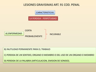 LESIONES GRAVISIMAS ART. 91 COD. PENAL
CARACTERISTICAS
LA PERDIDA - PERPETUIDAD
A) ENFERMEDAD
CIERTA
PROBABLEMENTE
INCURABLE
B) INUTILIDAD PERMANENTE PARA EL TRABAJO
C) PERDIDA DE UN SENTIDO, ORGANO O MIEMBRO O DEL USO DE UN ORGANO O MIEMBRO
D) PERDIDA DE LA PALABRA (ARTICULACION, EMISION DE SONIDO).
 