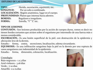 ESTUDIO DE LAS LESIONES 
TIPO: Herida, escoriación, equimosis, etc. 
LONGITUD: Por un solo o combinado. 
LOCALIZACIÓN: Región anatómica, lugar en el cuerpo. 
PROFUNDIDAD: Planos que interesa hacia adentro. 
BORDES: Regulares o irregulares. 
FORMA: Estrella, “Y” “L” etc. 
TIPO DE LESIONES 
CONTUSIÓN.- Son lesiones producidas por la acción de cuerpos duros, romos es decir no 
tienen bordes cortantes que actúen sobre el organismo por intermedio de una fuerza más o 
menos considerable. 
ESCORIACIÓN.- Es una lesión superficial de la piel, con destrucción de la epidermis y 
afectación leve de la dermis. 
Estudio.- forma, costra, secreciones, localización, edema circundante. 
EQUIMOSIS.- Es una infiltración sanguínea bajo la piel en la dermis por una ruptura de 
vasos sanguíneos con indemnidad de la epidermis. 
Estudio.- forma, dimensión, coloración, localización. 
Cronología: 
Rojo-negruzco.- 1 a 3 días 
Azul-violaceo.- 3 a6 días 
Verde.- 7-10 días 
Amarillo- 11 a 15 días 
 
