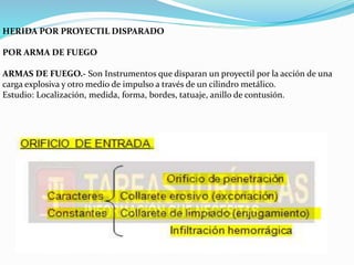 HERIDA POR PROYECTIL DISPARADO 
POR ARMA DE FUEGO 
ARMAS DE FUEGO.- Son Instrumentos que disparan un proyectil por la acción de una 
carga explosiva y otro medio de impulso a través de un cilindro metálico. 
Estudio: Localización, medida, forma, bordes, tatuaje, anillo de contusión. 
 