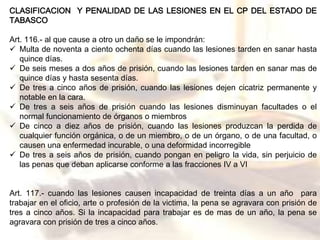 CLASIFICACION Y PENALIDAD DE LAS LESIONES EN EL CP DEL ESTADO DE 
TABASCO 
Art. 116.- al que cause a otro un daño se le impondrán: 
 Multa de noventa a ciento ochenta días cuando las lesiones tarden en sanar hasta 
quince días. 
 De seis meses a dos años de prisión, cuando las lesiones tarden en sanar mas de 
quince días y hasta sesenta días. 
 De tres a cinco años de prisión, cuando las lesiones dejen cicatriz permanente y 
notable en la cara. 
 De tres a seis años de prisión cuando las lesiones disminuyan facultades o el 
normal funcionamiento de órganos o miembros 
 De cinco a diez años de prisión, cuando las lesiones produzcan la perdida de 
cualquier función orgánica, o de un miembro, o de un órgano, o de una facultad, o 
causen una enfermedad incurable, o una deformidad incorregible 
 De tres a seis años de prisión, cuando pongan en peligro la vida, sin perjuicio de 
las penas que deban aplicarse conforme a las fracciones IV a VI 
Art. 117.- cuando las lesiones causen incapacidad de treinta días a un año para 
trabajar en el oficio, arte o profesión de la victima, la pena se agravara con prisión de 
tres a cinco años. Si la incapacidad para trabajar es de mas de un año, la pena se 
agravara con prisión de tres a cinco años. 
 