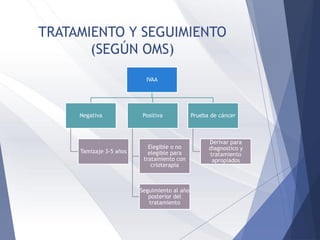 IVAA
Negativa
Tamizaje 3-5 años
Positiva
Elegible o no
elegible para
tratamiento con
crioterapia
Seguimiento al año
posterior del
tratamiento
Prueba de cáncer
Derivar para
diagnostico y
tratamiento
apropiados
TRATAMIENTO Y SEGUIMIENTO
(SEGÚN OMS)
 