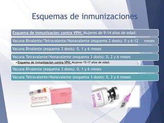 Esquema de inmunizacion contra VPH: Mujeres de 9-14 años de edad:
Vacuna Bivalente/Tetravalente/Nonavalente (esquema 2 dosis): 0 y 6-12 meses
Vacuna Bivalente (esquema 3 dosis): 0, 1 y 6 meses
Vacuna Tetravalente/Nonavalente (esquema 3 dosis): 0, 2 y 6 meses
• Esquema de inmunizacion contra VPH: Mujeres 15-17 años de edad:
Vacuna Bivalente (esquema 3 dosis): 0, 1 y 6 meses
Vacuna Tetravalente/Nonavalente (esquema 3 dosis): 0, 2 y 6 meses
Esquemas de inmunizaciones
 