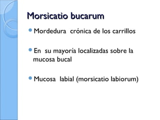 Morsicatio bucarumMorsicatio bucarum
Mordedura crónica de los carrillos
En su mayoría localizadas sobre la
mucosa bucal
Mucosa labial (morsicatio labiorum)
 
