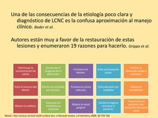 Una de las consecuencias de la etiología poco clara y
diagnóstico de LCNC es la confusa aproximación al manejo
clínico. Bader et al.
Autores están muy a favor de la restauración de estas
lesiones y enumeraron 19 razones para hacerlo. Grippo et al.
Disminuye la
concentración de
estrés
Disminuye el
progreso de la
abfracción.
Fortalece los
dientes.
Evita participación
pulpa.
Elimina la
disolución ácida o
corrosión.
Evita la fractura del
diente.
Elimina la corrosión
por tensión.
Previene la caries
radicular.
Evita abrasión por
cepillado
Elimina la
sensibilidad
Mejora la estética.
Evita que los
alimentos se
impacten
Mejora la salud
gingival
Facilita la higiene
oral para el
paciente.
Proporciona al
paciente una
sensación de buena
salud
Wood I. Non-carious cervical tooth surface loss: a literaute review. J of dentistry, 2008; 36:759-766
 