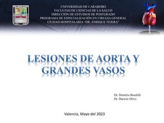 UNIVERSIDAD DE CARABOBO
FACULTAD DE CIENCIAS DE LA SALUD
DIRECCIÓN DE ESTUDIOS DE POSTGRADO
PROGRAMA DE ESPECIALIZACIÓN EN CIRUGIA GENERAL
CIUDAD HOSPITALARIA “DR. ENRIQUE TEJERA”
Dr. Dimitris Boufelli
Dr. Darwin Olivo
Valencia, Mayo del 2023
 
