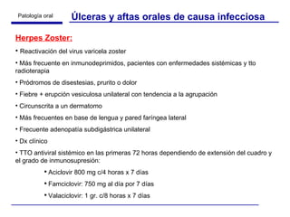 Úlceras y aftas orales de causa infecciosa Herpes Zoster: Reactivación del virus varicela zoster Más frecuente en inmunodeprimidos, pacientes con enfermedades sistémicas y tto radioterapia Pródromos de disestesias, prurito o dolor Fiebre + erupción vesiculosa unilateral con tendencia a la agrupación Circunscrita a un dermatomo Más frecuentes en base de lengua y pared faríngea lateral Frecuente adenopatía subdigástrica unilateral Dx clínico TTO antiviral sistémico en las primeras 72 horas dependiendo de extensión del cuadro y el grado de inmunosupresión: Aciclovir 800 mg c/4 horas x 7 días Famciclovir: 750 mg al día por 7 días Valaciclovir: 1 gr. c/8 horas x 7 días  