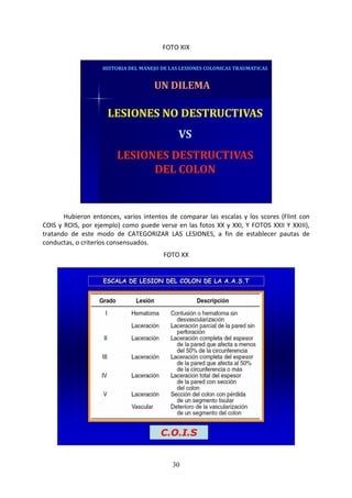 30
FOTO XIX
HISTORIA DEL MANEJO DE LAS LESIONES COLONICAS TRAUMATICAS
LESIONES NO DESTRUCTIVAS
VS
LESIONES DESTRUCTIVAS
DEL COLON
UN DILEMA
Hubieron entonces, varios intentos de comparar las escalas y los scores (Flint con
COIS y ROIS, por ejemplo) como puede verse en las fotos XX y XXI, Y FOTOS XXII Y XXIII),
tratando de este modo de CATEGORIZAR LAS LESIONES, a fin de establecer pautas de
conductas, o criterios consensuados.
FOTO XX
ESCALA DE LESION DEL COLON DE LA A.A.S.T
C.O.I.S
 