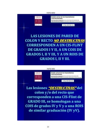 33
FOTO XXIV
LAS LESIONES DE PARED DE
COLON Y RECTO NO DESTRUCTIVASNO DESTRUCTIVASNO DESTRUCTIVASNO DESTRUCTIVAS
CORRESPONDEN A UN CIS-FLINT
DE GRADOS I Y II, A UN COIS DE
GRADOS I, II Y III, Y A UN ROIS DE
GRADOS I, II Y III.
FOTO XXV
Las lesiones “DESTRUCTIVAS”“DESTRUCTIVAS”“DESTRUCTIVAS”“DESTRUCTIVAS” del
colon y/o del recto que
corresponden a una CIS-Flint de
GRADO III, se homologan a una
COIS de grados IV y V y a una ROIS
de similar graduación (IV yV).
 