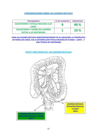 62
CONSIDERACIONES SOBRE LAS LESIONES RECTALES
TRATAMIENTO N° DE PACIENTES PORCENTAJE
COLOSTOMÍA Y FISTULA MUCOSA A LO
LAHEY
9 90 %
COLOSTOMÍA Y CIERRE DEL MUÑÓN
DISTAL A LO HARTMANN
1 10 %
PARA LAS LESIONES RECTALES INDEPENDIENTEMENTE DE SU UBICACIÓN, LA TERAPÉUTICA
EN TODOS LOS CASOS, FUE LA OSTOMÍA (CON FISTULA MUCOSA EN 9 CASOS – LAHEY- , Y
UNA TÉCNICA DE HARTMANN)
SITIO Y FRECUENCIA DE LAS LESIONES RECTALES
LESIONES RECTALES
INTRAPERITONEALES
2 CASOS
(20%)
LESIONES RECTALES EXTRA O
INFRAPERITONEALES 8 CASOS
(80%)
 