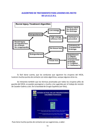 75
ALGORITMO DE TRATAMIENTO PARA LESIONES DEL RECTO
DE LA A.S.C.R.S.
Es fácil darse cuenta, que las conductas que siguieron los cirujanos del HECA,
tuvieron muchos puntos de contacto con estos algoritmos, aunque algunos otros no.
Se interpreta también que las técnicas practicadas por todos los cirujanos jefes de
guardia del HECA, se pueden parangonar y mucho a las sugeridas por el trabajo de revisión
de Cazador-Codina y cols. De la Sociedad de Cirugía Española (ver foto),
ESTADO ACTUAL DE LOS TRAUMATISMOS
COLORRECTOANALES
Revisión de conjunto
Cir Esp. 2006;79(3):143-8
Antonio Codina-Cazador, José Ignacio Rodríguez-Hermosa, Marcel Pujadas de Palol,
Adán Martín-Grillo, Ramón Farrés-Coll y Francesc Olivet-Pujol
Unidad de Coloproctología. Servicio de Cirugía General y Aparato Digestivo.
Hospital Universitario Dr. Josep Trueta. Girona. España.
http://www.aecirujanos.es/revisiones_cirugia/2006/Marzo1_2006.pdf
Pues tiene muchos puntos de contacto con sus sugerencias, a saber:
 