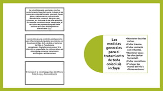 La onicolisis puede asociarse a muchas
condiciones incluyendo trauma, trabajo de las
manos en ambiente húmedo, psoriasis, liquen
plano, medicamentos, onicomicosis,
dermatitis de contacto, alérgica o por
irritantes, o a síndrome de las uñas amarillas.
En casos de onicolisis crónica inexplicada, el
carcinoma escamoso subungueal debe
incluirse en la lista de diagnósticos
diferenciales. (44)
La onicolisis es una condición predisponente
para infecciones subungueales secundarias por
levaduras del tipo de la cándida, o bacterias
del tipo de Pseudomona
aeruginosa o Staphylococcus aureus. Si la
infección es sospechada, los cultivos deben ser
obtenidos y comenzar tratamiento
antifúngico o antibacteriano.
El manejo de la onicolisis apunta a identificar y
tratar la causa desencadenante
Las
medidas
generales
para el
tratamiento
de toda
onicolisis
incluye
• Mantener las uñas
cortas.
• Evitar trauma.
• Evitar contacto
con irritantes.
• Mantener secas
las uñas (evitar
humedad).
• Evitar cosméticos.
• Proteger las
manos del frío o
climas ventosos.
 